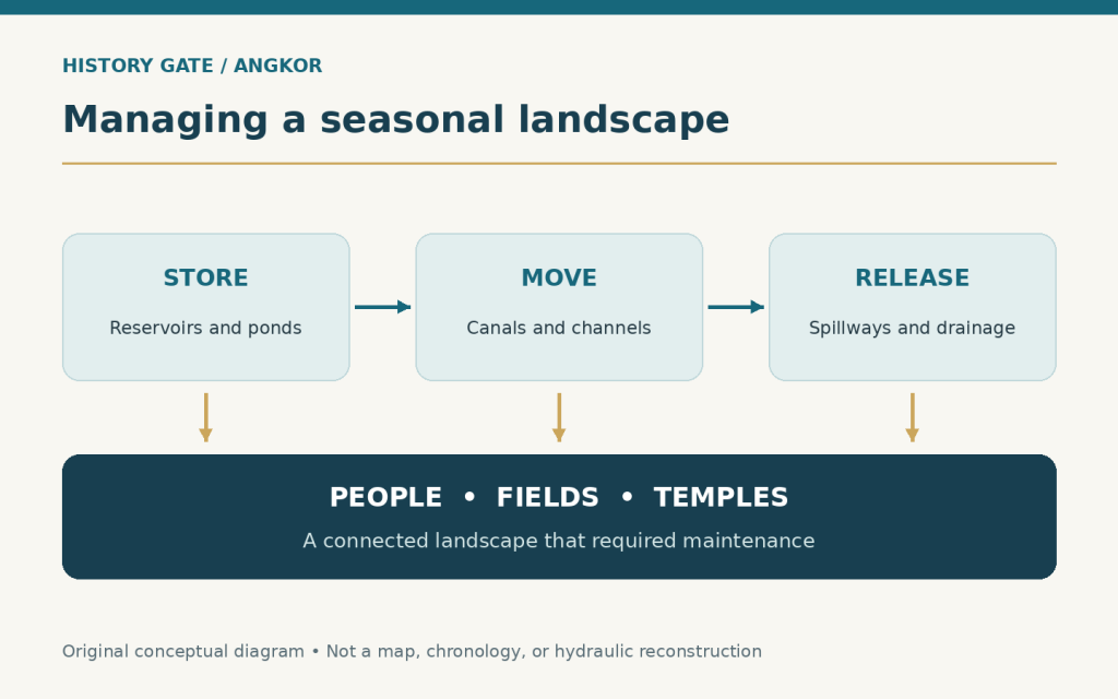 Original conceptual diagram connects storing, moving, and releasing water with people, fields, and temples in Angkor’s landscape.