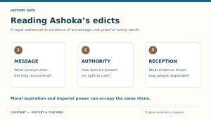 Original reading framework for Ashoka’s edicts: distinguish moral advice, the image of kingship, and evidence of results.