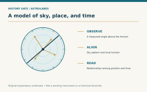 A schematic circular sky model accompanies three stages: observe an angle, align sky and local horizon, and read position-time relationships.