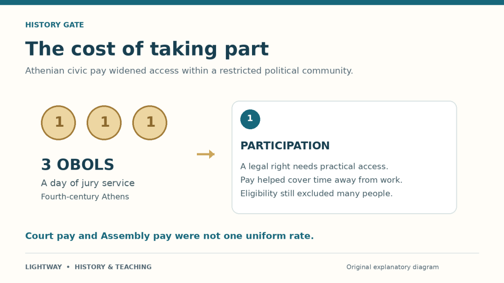 Original explanatory diagram: formal citizenship, practical time and money, and excluded groups shape participation in ancient Athenian democracy.
