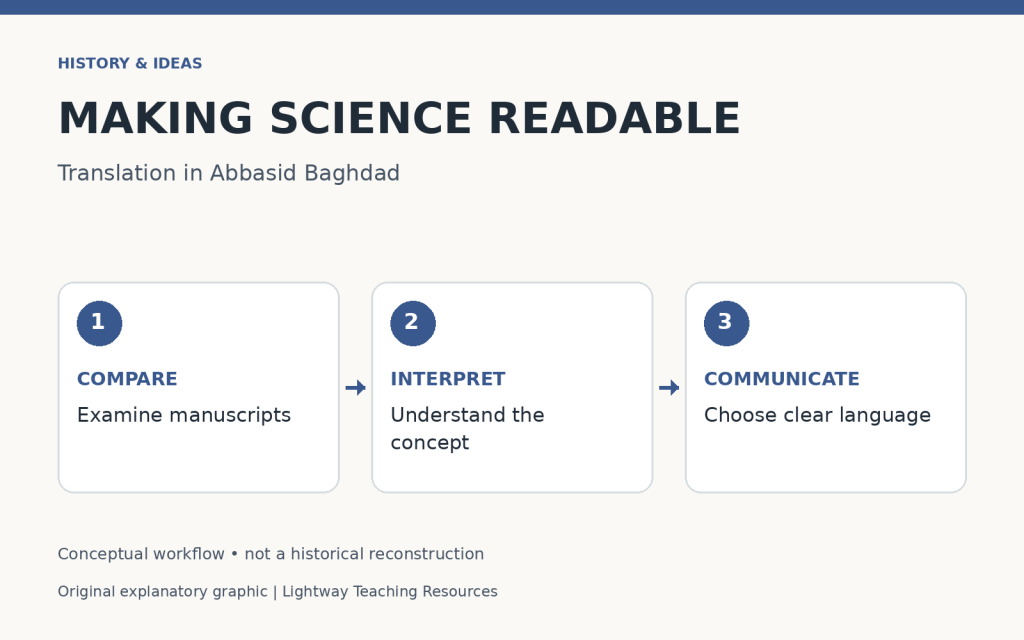 Conceptual translation workflow: compare manuscripts, understand a scientific concept, and communicate it in clear language.