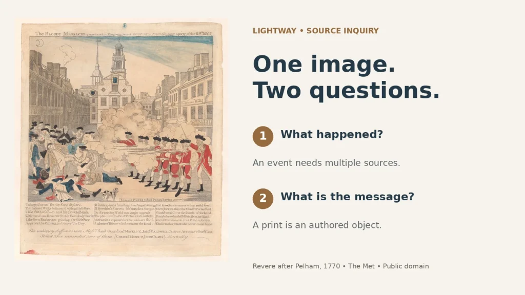 Teaching graphic pairs Paul Revere’s Boston Massacre engraving with two questions: what happened, and what is the message?