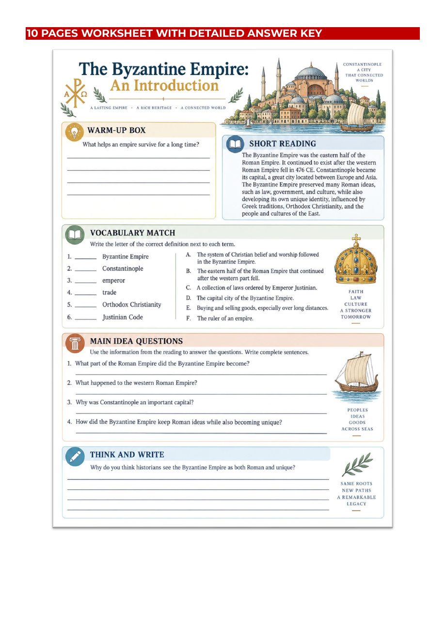 Actual Byzantine Empire worksheet sample from the public TPT preview