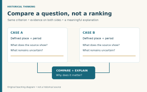 Two evidence cards labelled Case A and Case B connect to a shared comparison and explanation step.