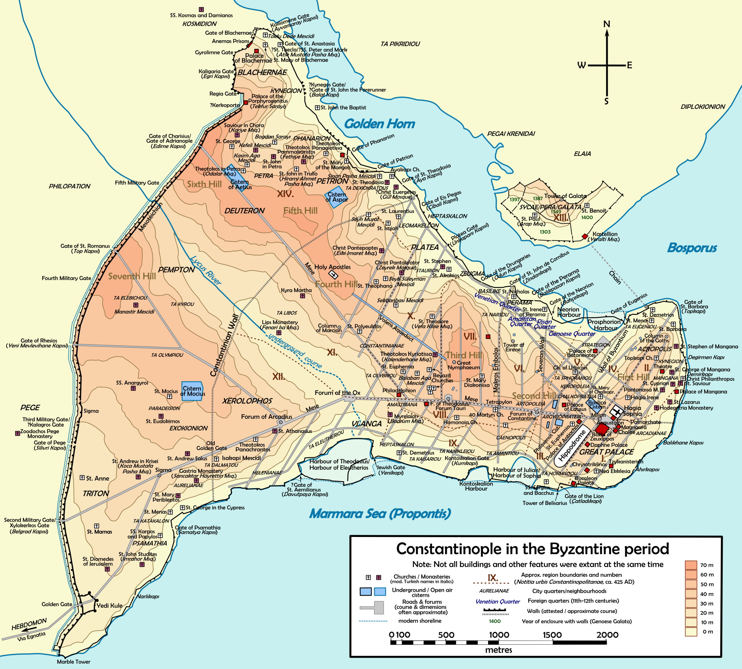 Historical-topography map showing Constantinople between the Golden Horn and Sea of Marmara, with successive walls and major monuments