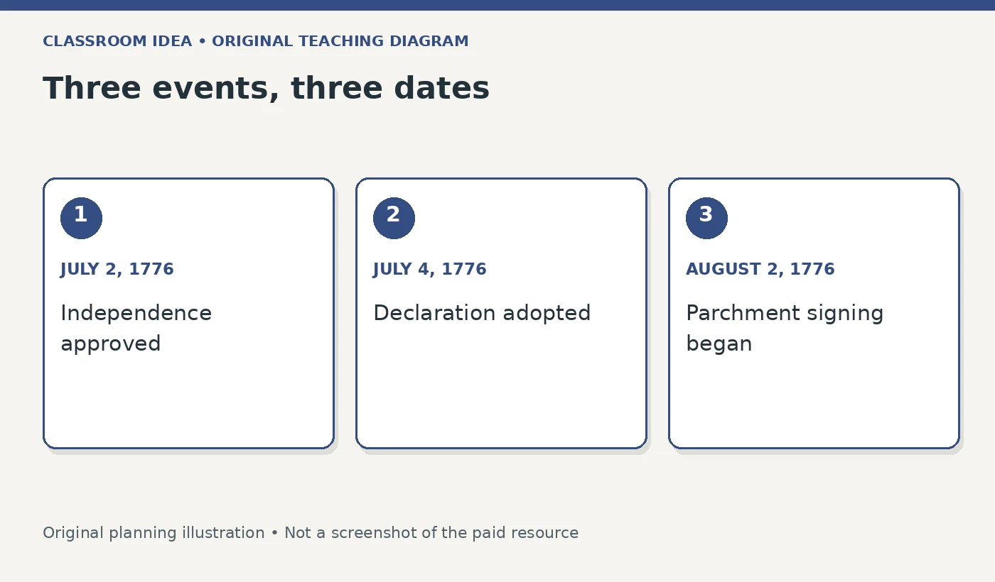Three events, three dates. JULY 2, 1776: Independence approved. JULY 4, 1776: Declaration adopted. AUGUST 2, 1776: Parchment signing began
