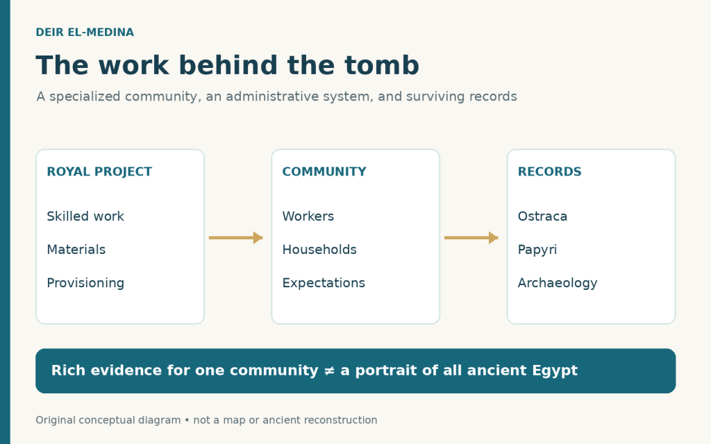 Three connected panels link the royal project, its specialist community, and surviving ostraca, papyri, and archaeological evidence.