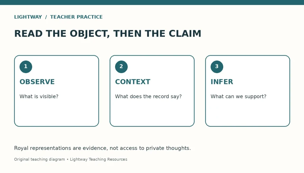 Three steps for analyzing royal images: observe visible details, read context, and make a supported inference.