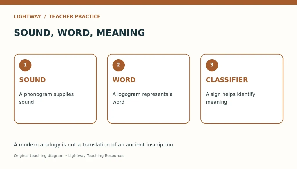 Three sign functions: sound, word, and classifier; a modern analogy is not an ancient translation.