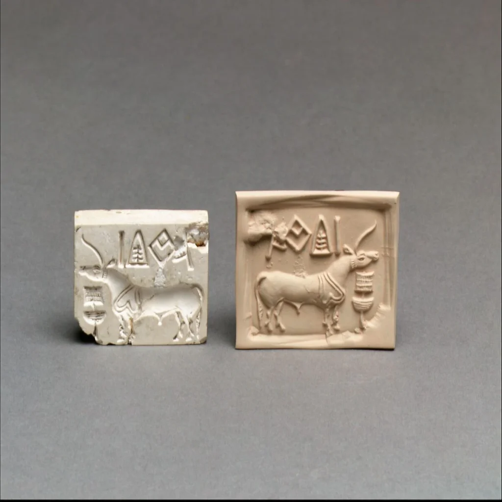 Square Indus stamp seal with a single-horned animal and signs, alongside its modern impression.