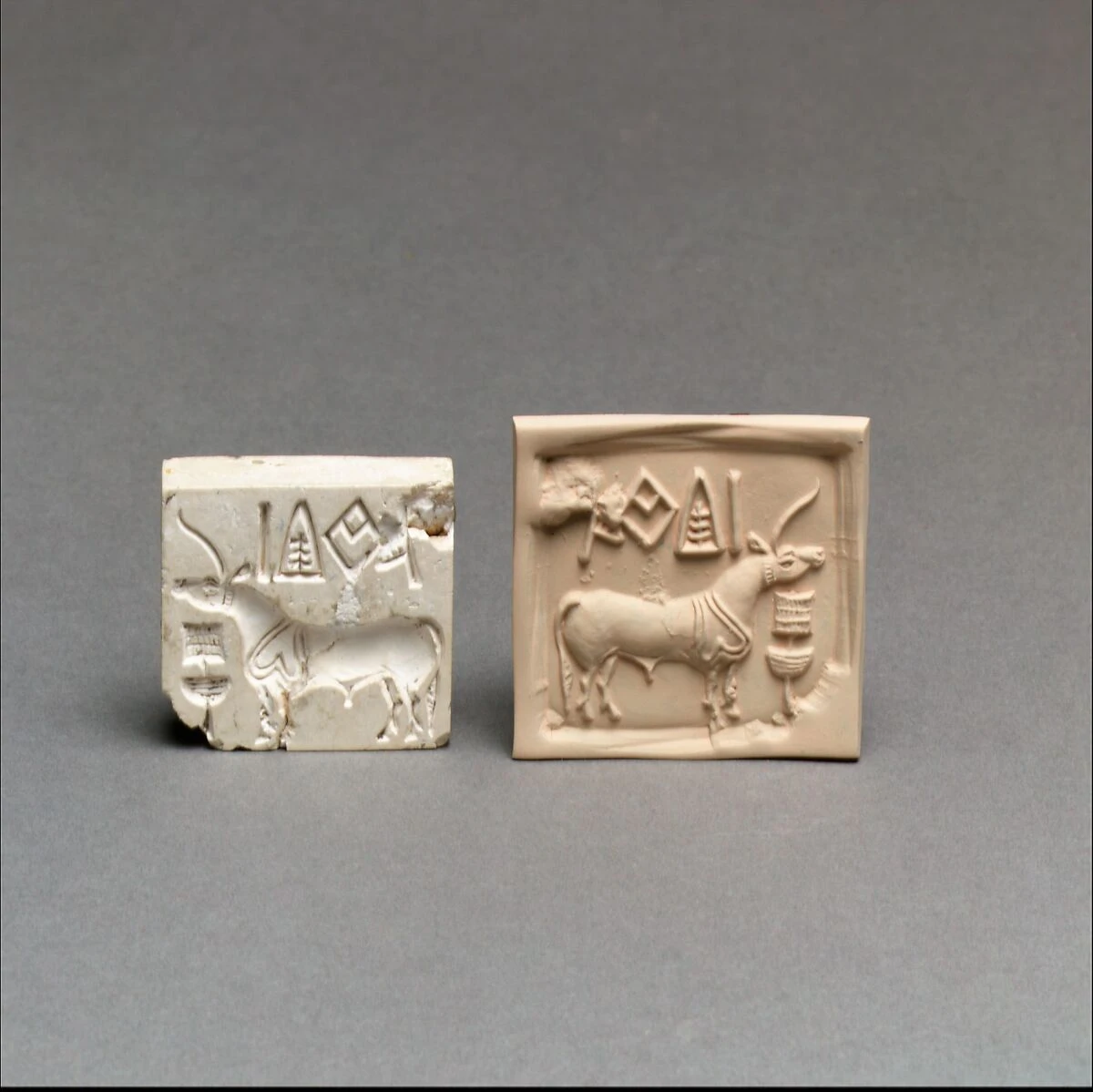 Square Indus stamp seal with a single-horned animal and signs, alongside its modern impression.