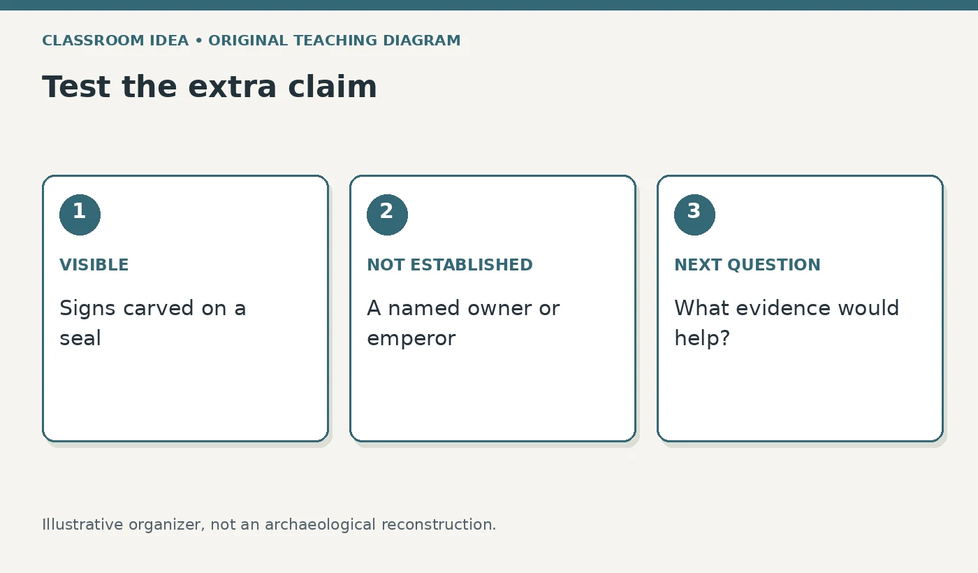 Test the extra claim. VISIBLE: Signs carved on a seal. NOT ESTABLISHED: A named owner or emperor. NEXT QUESTION: What evidence would help?