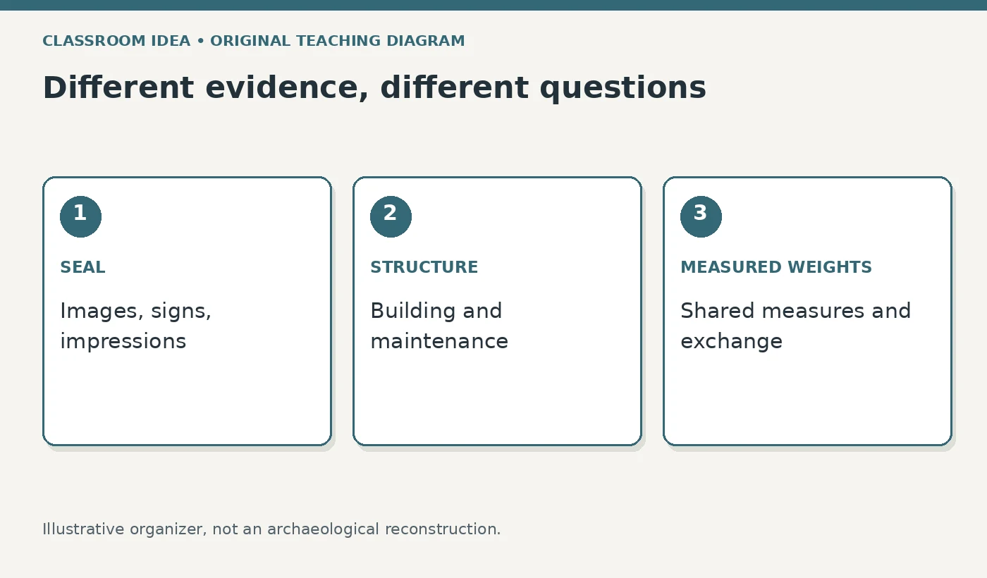 Different evidence, different questions. SEAL: Images, signs, impressions. STRUCTURE: Building and maintenance. MEASURED WEIGHTS: Shared measures and exchange