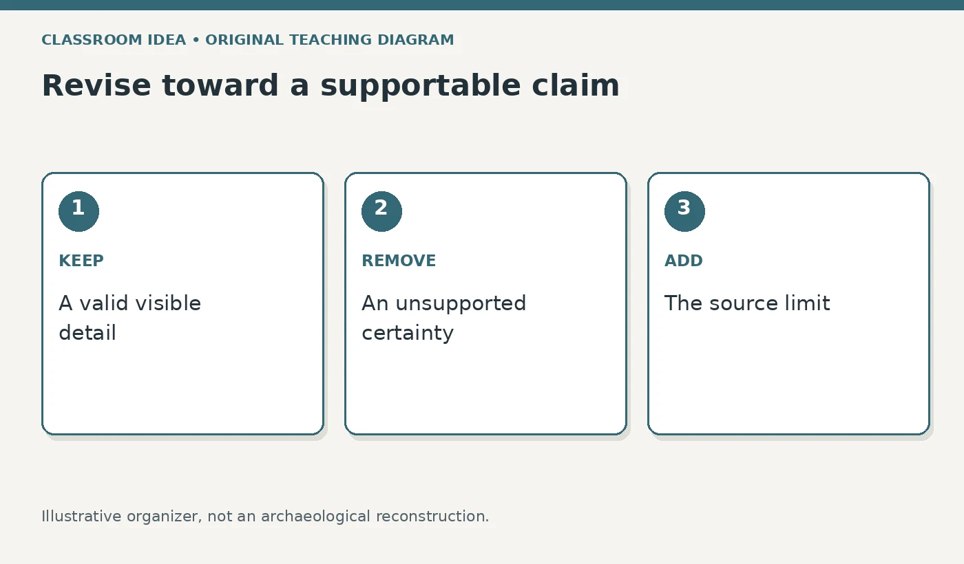 Revise toward a supportable claim. KEEP: A valid visible detail. REMOVE: An unsupported certainty. ADD: The source limit