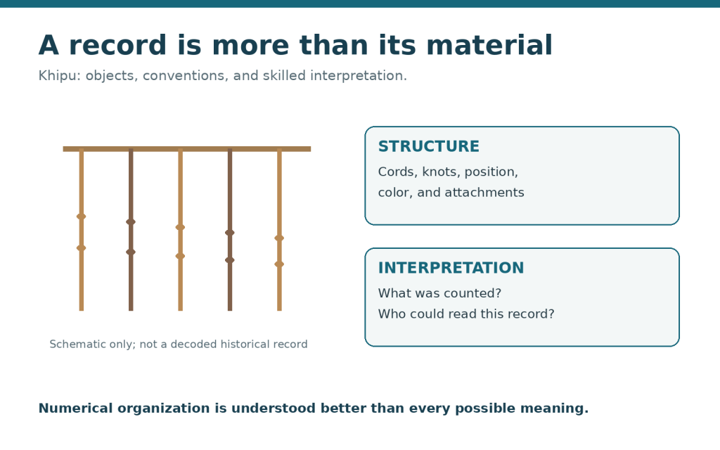 A schematic cord arrangement sits beside questions about the structure of a record and the people who interpreted it.
