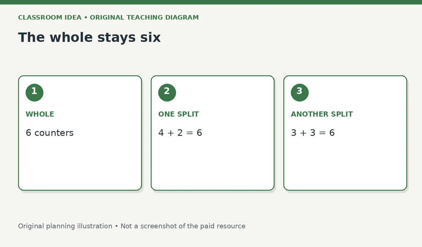 The whole stays six. WHOLE: 6 counters. ONE SPLIT: 4 + 2 = 6. ANOTHER SPLIT: 3 + 3 = 6
