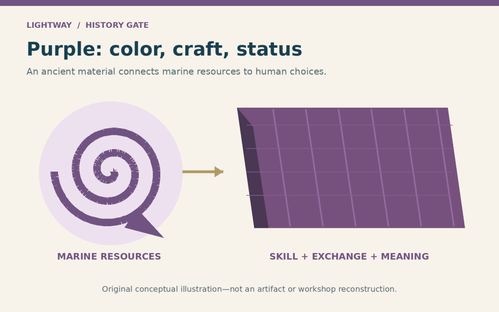 An original schematic links a stylized shell to purple cloth, showing the relationship between marine resources, skilled production, exchange, and social meaning.