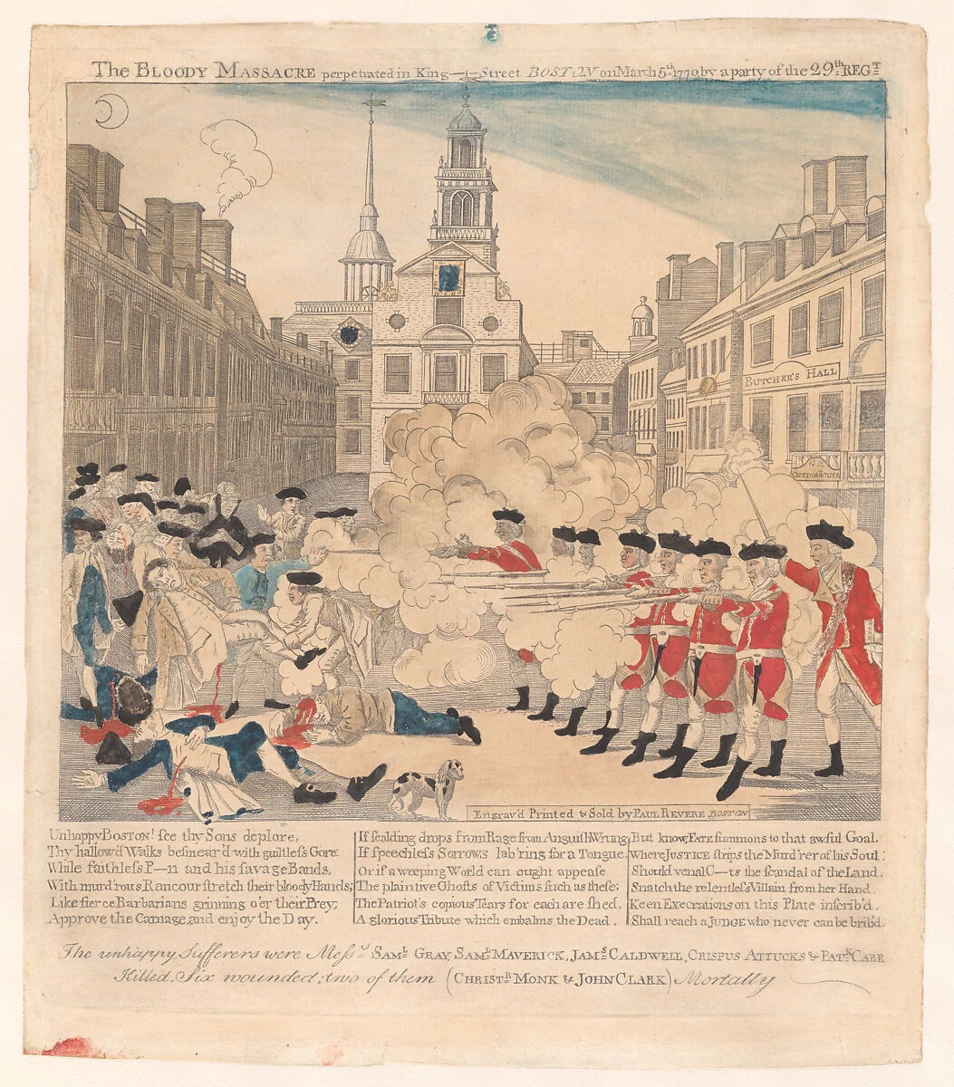 Paul Revere’s 1770 hand-colored engraving shows British soldiers firing toward a crowd in Boston; the image includes an accusatory title and verse.