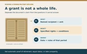 A schematic bronze document sits beside three reading questions: who is named, what rights and conditions are specified, and when the rules applied. A footer cautions that a grant is not automatic proof of retirement, equal status, or later prosperity.