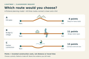 Fictional route-choice diagram comparing a hill pass, a village bridge, and a harbor route between a town and fort, with invented construction costs of 8, 11, and 13 planning points.