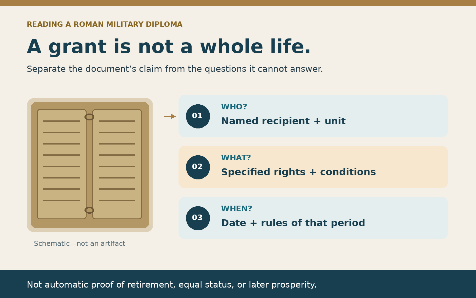 A schematic bronze document sits beside three reading questions: who is named, what rights and conditions are specified, and when the rules applied. A footer cautions that a grant is not automatic proof of retirement, equal status, or later prosperity.