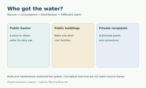 Conceptual flow from water source through conveyance and distribution to public basins, public buildings, and authorized private users, with maintenance and rules beneath.