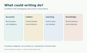 A conceptual diagram of four uses of cuneiform: keeping accounts, sending letters, learning signs, and recording literature and knowledge.