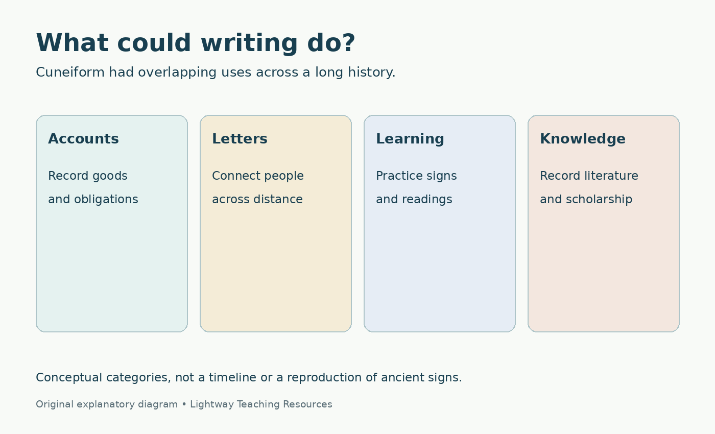 A conceptual diagram of four uses of cuneiform: keeping accounts, sending letters, learning signs, and recording literature and knowledge.