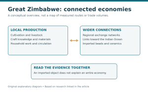 Two connected boxes place local farming, crafts, and household circulation alongside regional exchange and Indian Ocean connections.